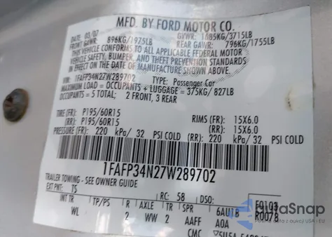 2007 Ford Focus S/Se/Ses из США, поврежденный, VIN 1FAFP34N27W289702